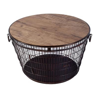 Fulton 28 in. W Round Iron and Wood Coffee Table with Decorative Handles
