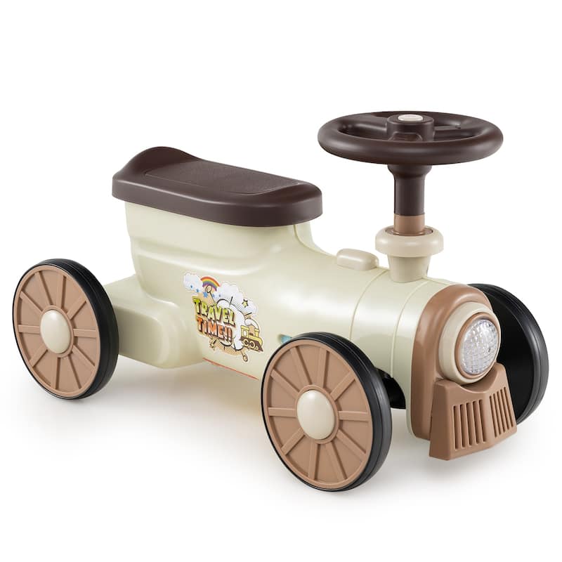 Kids Ride On Sliding Car with Steering Wheel Sound and Under Seat Storage Foot to Floor Push Toy Vehicle for Toddlers - Beige