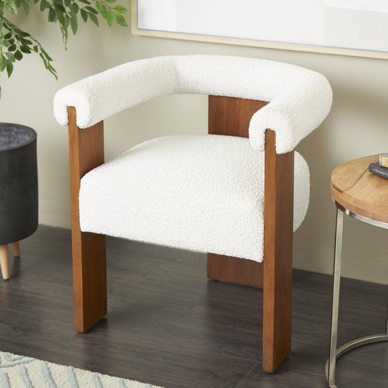 Cream Polyester Curved Back Mid Century Modern Round Boucle Living Room Accent Chair with Brown, Light Brown or Black Wood Frame
