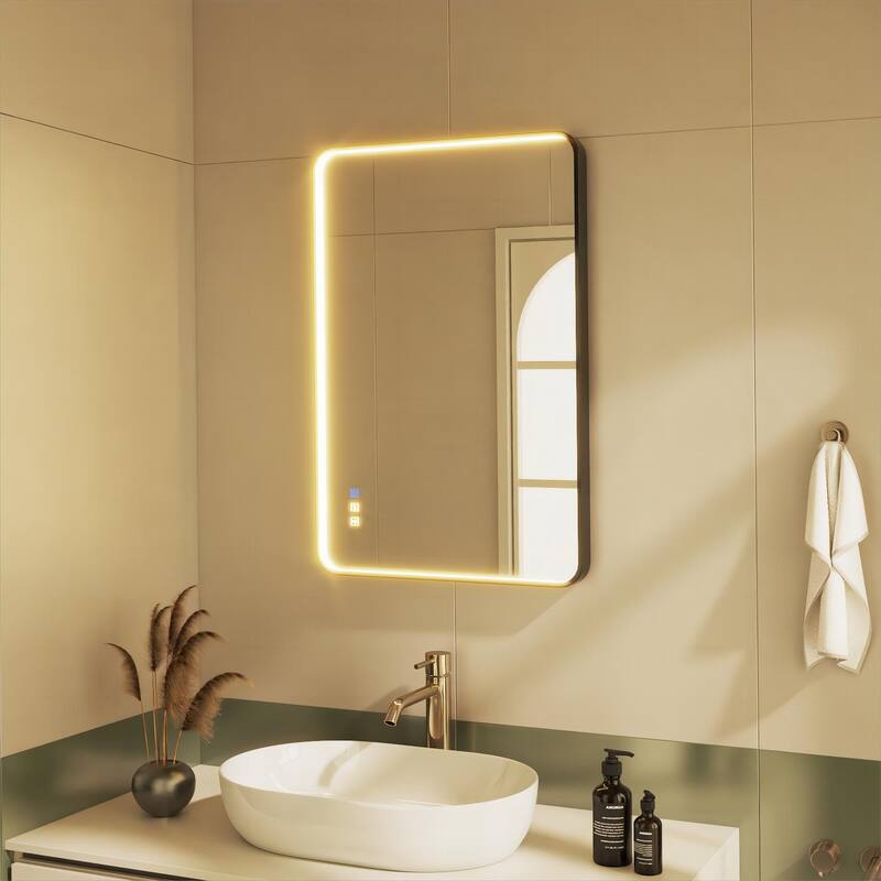 Organnice Rectangular LED Aluminum Black Framed Light Rounded Wall Mirror with Front Light - 36*24