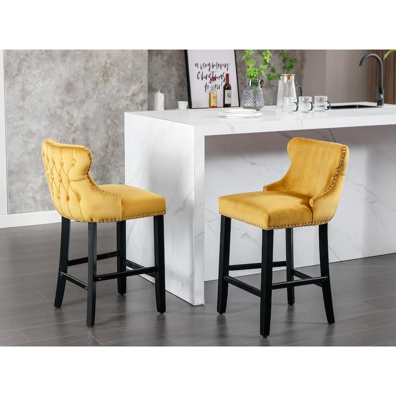 GDF Studio - Riveton Contemporary Velvet Upholstered Barstools with Button Tufted Wing-Back and Chrome Nailhead Trim, Set of 2