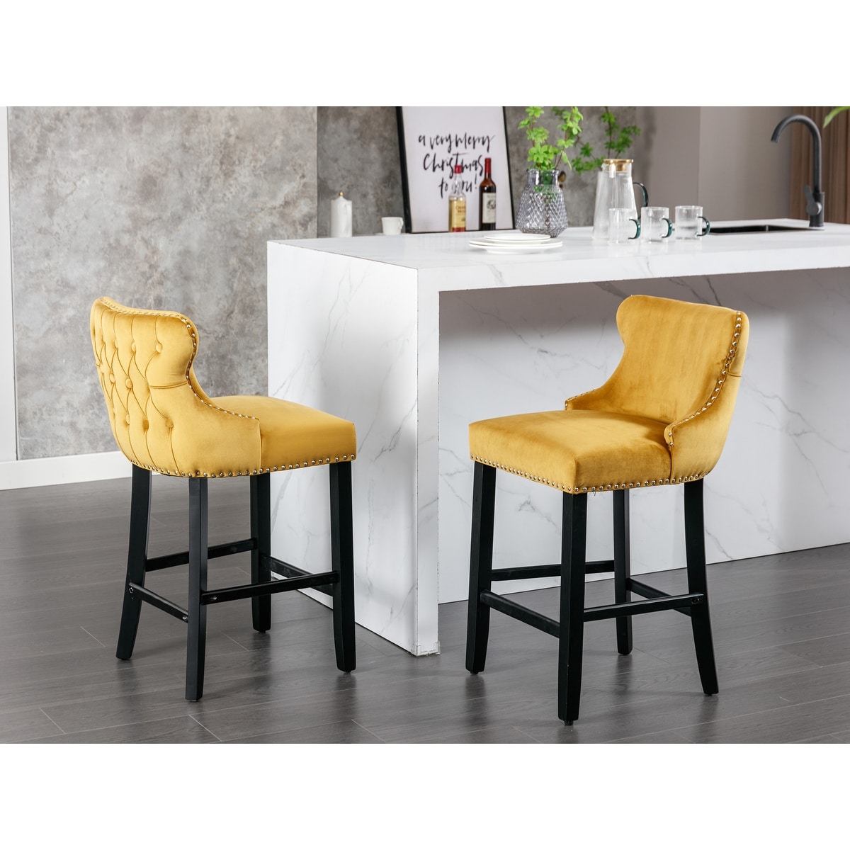 Velvet Upholstered Wingback Dining Chair Bar Stools with Button Tufted Decoration and Wooden Legs, Nailhead Trim, Set of 2