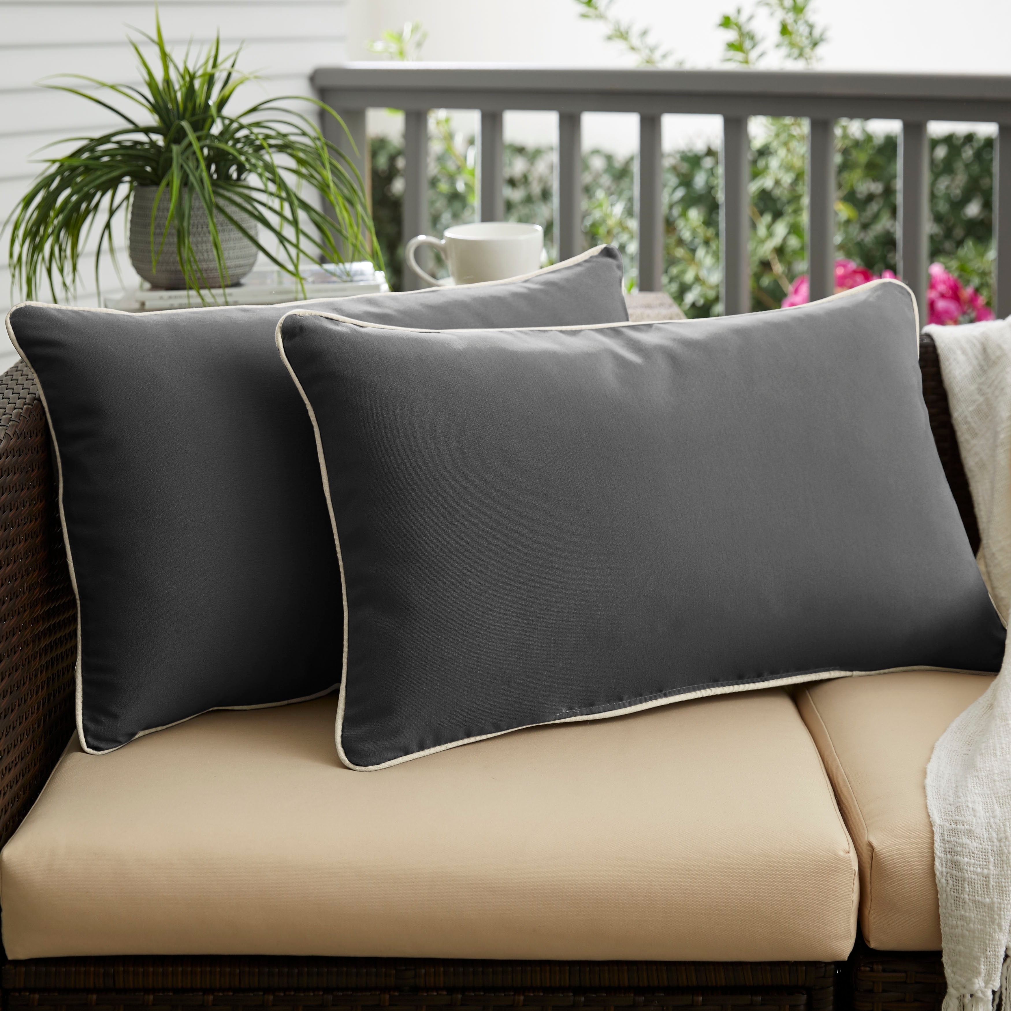 Charcoal Grey and Ivory Indoor/ Outdoor Pillow Set