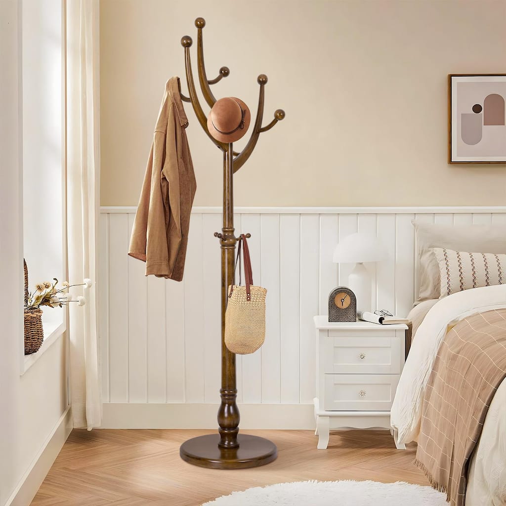 Rubberwood Coat Rack Freestanding, Entryway Coat Tree with Hooks - 74"H x 16.5"Dia