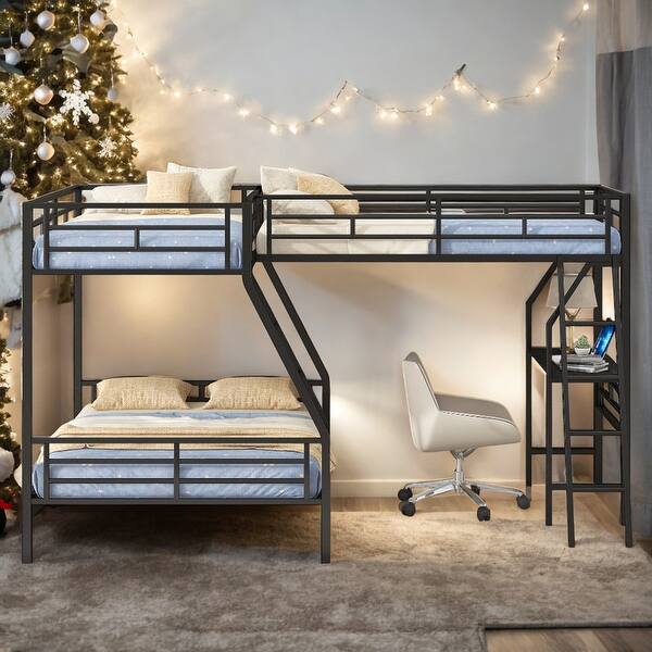 slide 2 of 17, Twin Over Full Bunk Bed With Twin Loft Bed Attached,Desk for Bedroom Black