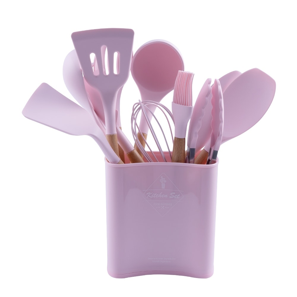 9 Piece Pink Colored Silicone Kitchen Utensils Set with Wooden Handles.  Elyon Tableware - Your Shop for Everything Tableware