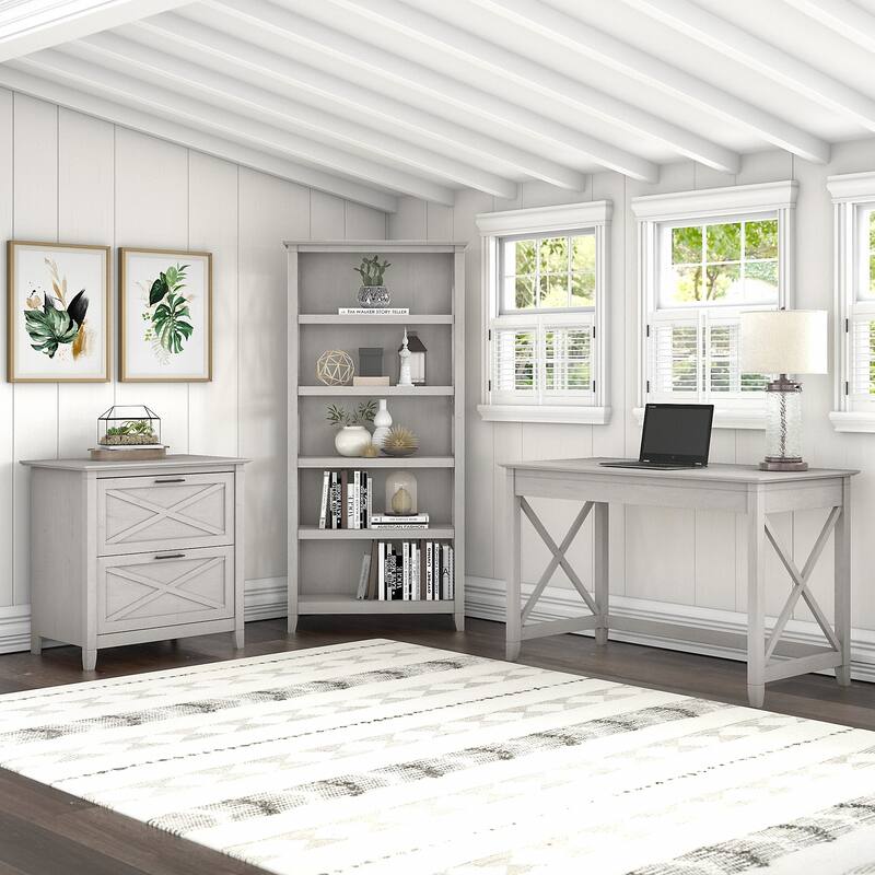 Key West 48W Writing Desk with Cabinet and Bookcase by Bush Furniture - Linen White Oak