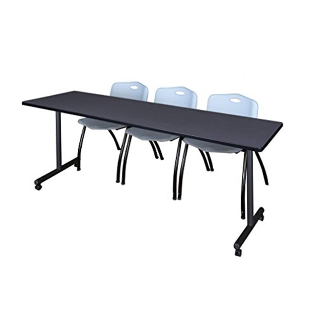 84" x 24" Mobile Training Table- Grey & 3 'M' Stack Chairs- Grey