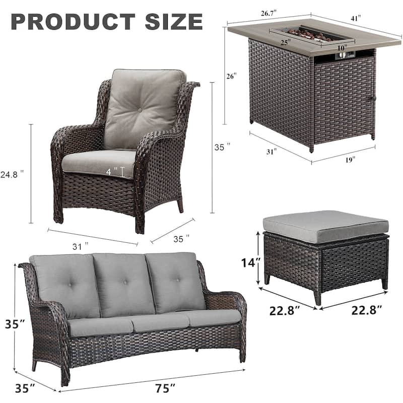 6 Piece Chair Patio Sofa Ottomans with Fire Pit Table