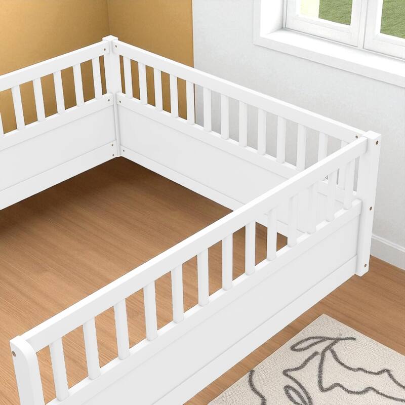 Twin/Full Montessori Floor Bed with High Fence & Open Door, Solid Pine, Playroom/Bedroom, No Box Spring