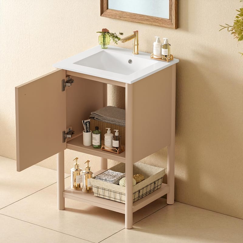 20 Inch Freestanding Bathroom Vanity with Ceramic Sink Soft Close Door Single Cabinet MDF Storage