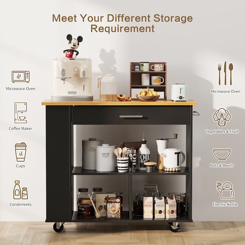 Kitchen Island with Towel Rack – Mobile Cart with Rubber Wood Top, Easy-Glide Storage