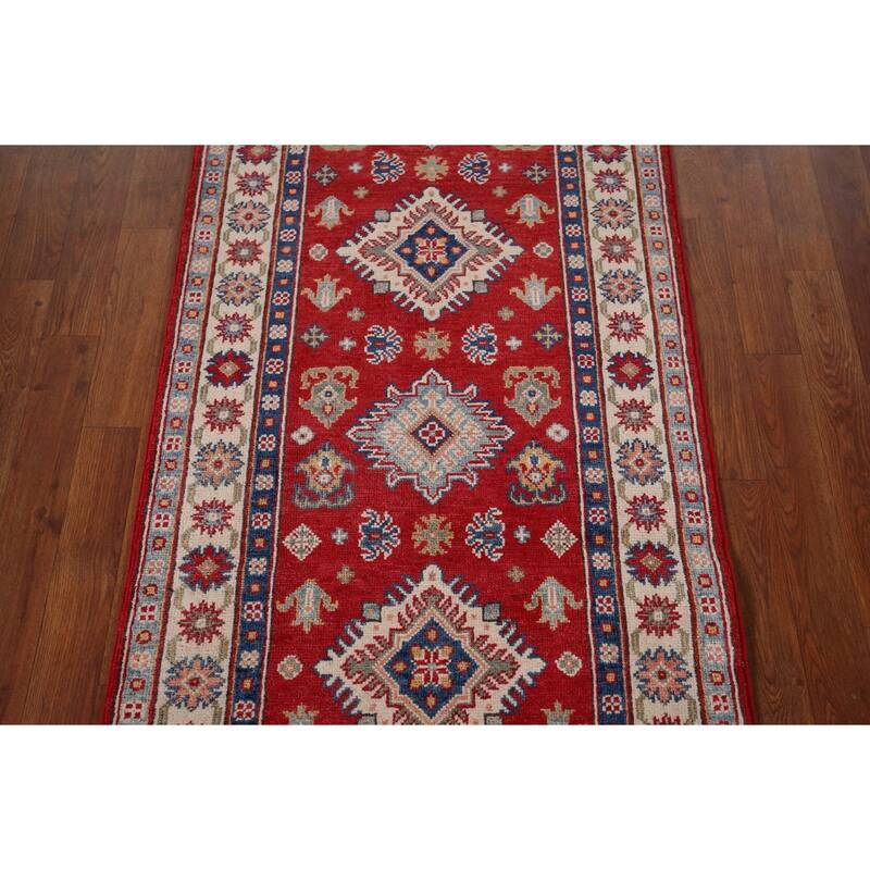 Red Geometric Kazak Runner Rug Hand-Knotted Wool Carpet - 2'7" x 9'8"