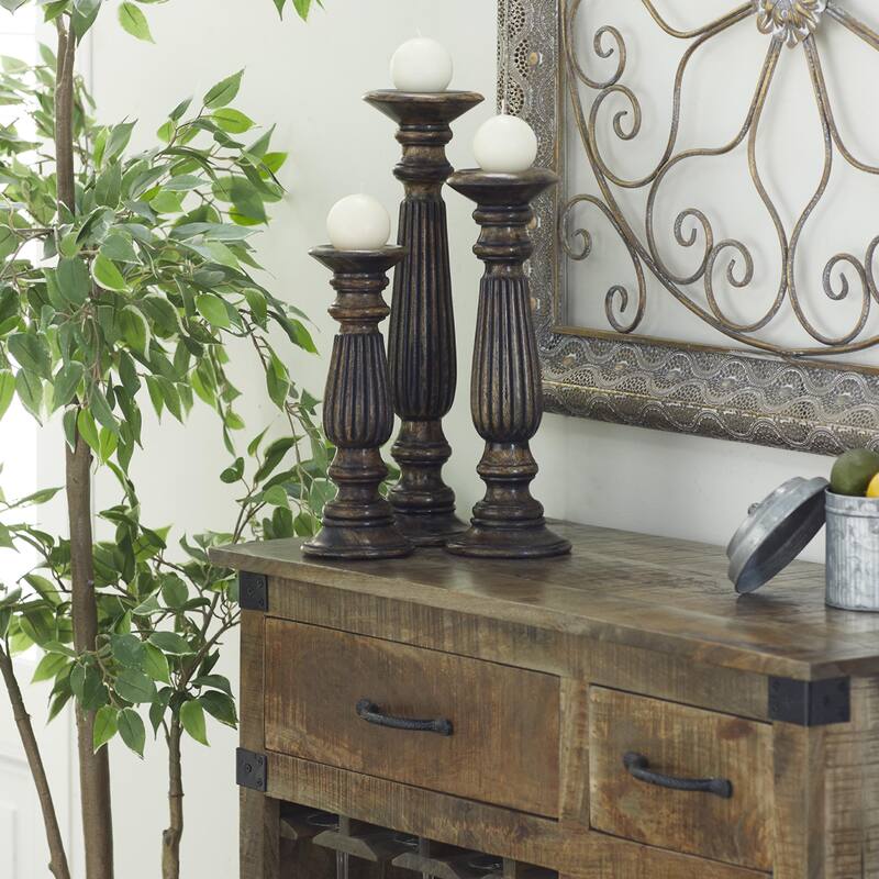 Traditional Mango Distressed Turned Pillar Wood Candle Holder (Set of 3) - Dark Brown, Beige, White - Dark Brown