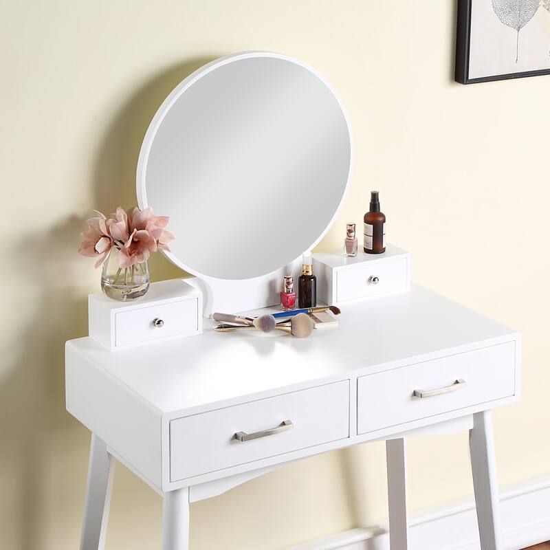 Liannon Contemporary Wood Vanity and Stool Set,Round Mirror