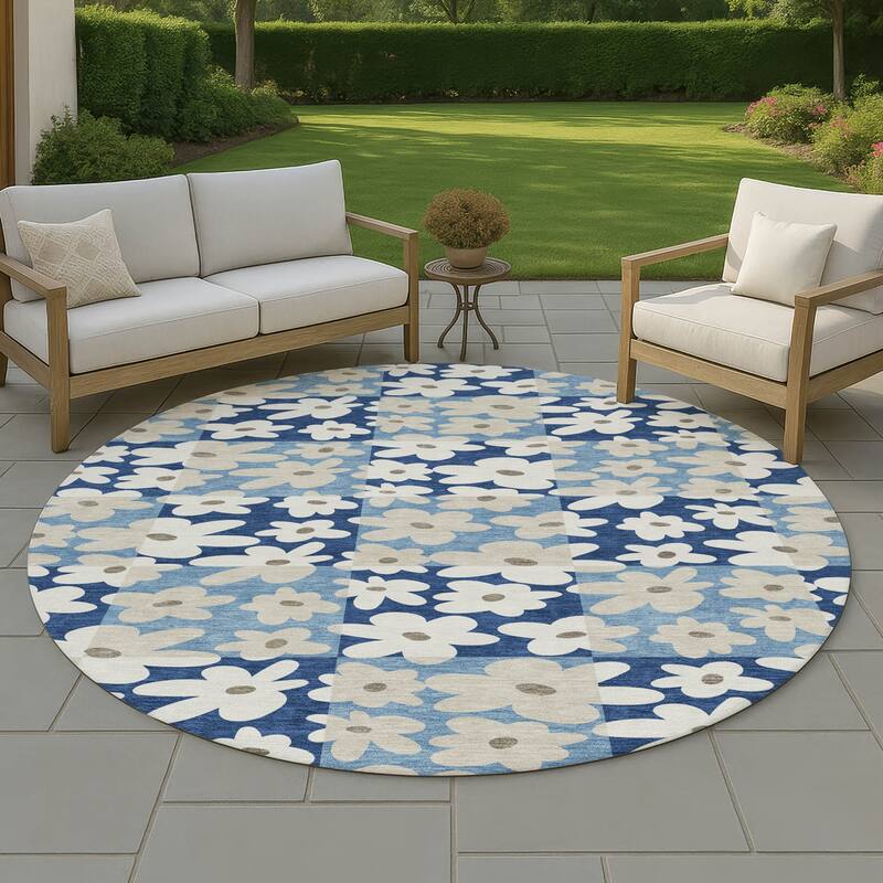 Machine Washable Indoor/ Outdoor Floral Krissy Chantille Rug - Blue - 8' x 8'
