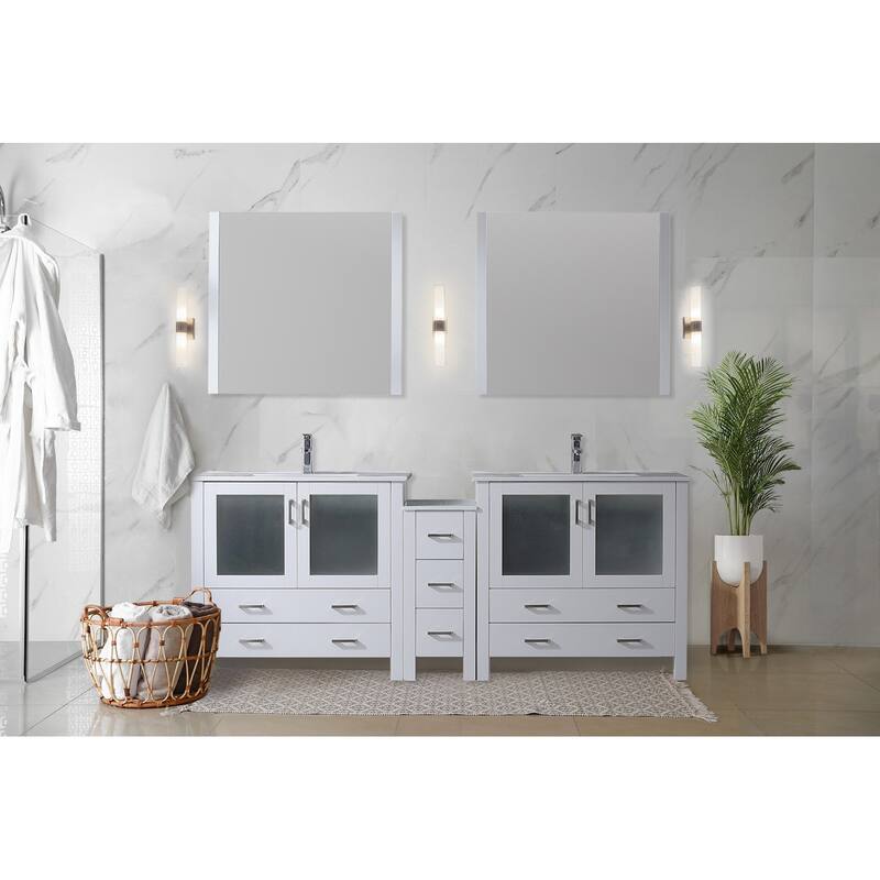 Volez Double Bath Vanity with Side Cabinet, Faucet Set, White Ceramic Top and Mirrors