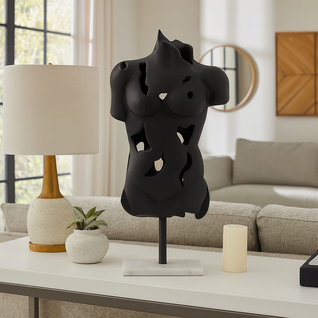Black Abstract Torso Sculpture on Marble Base - Decorative Objects for Home Decor