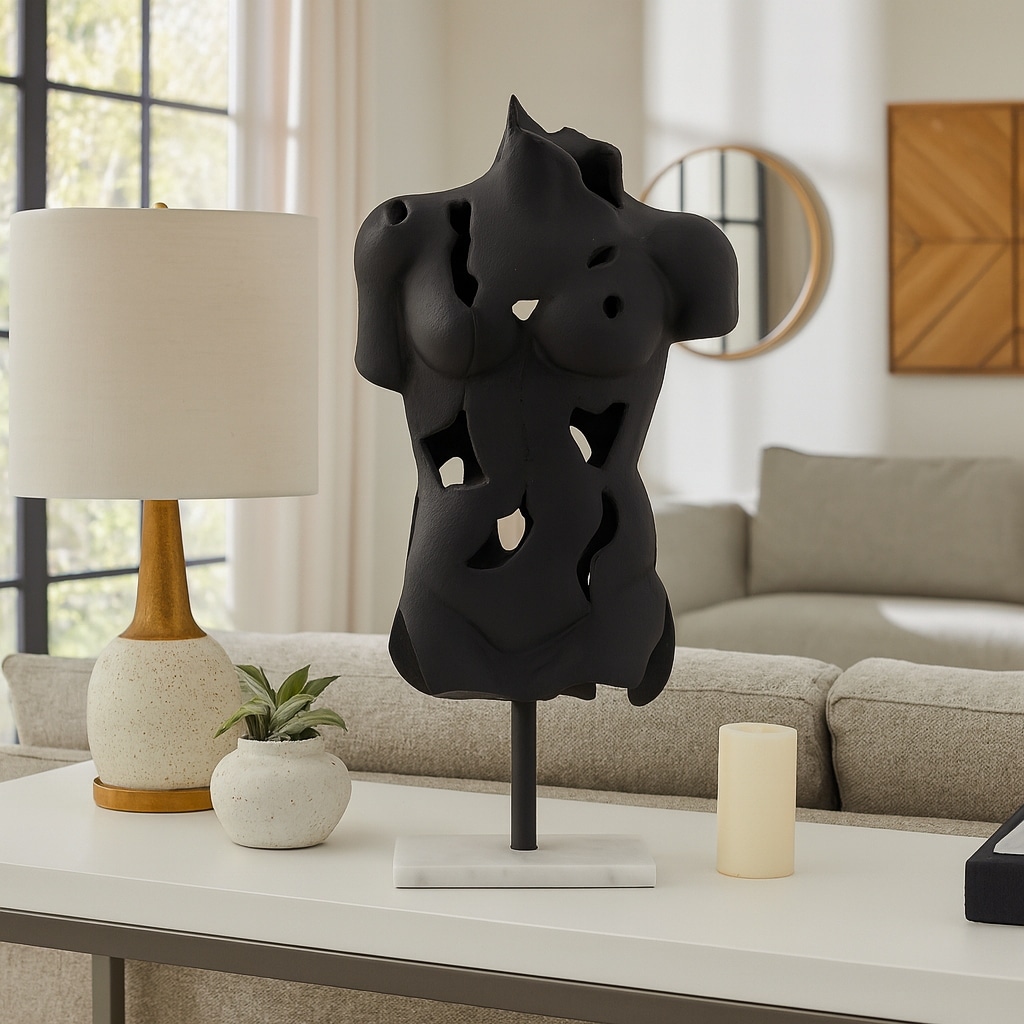 Black Abstract Torso Sculpture on Marble Base - Decorative Objects for Home Decor