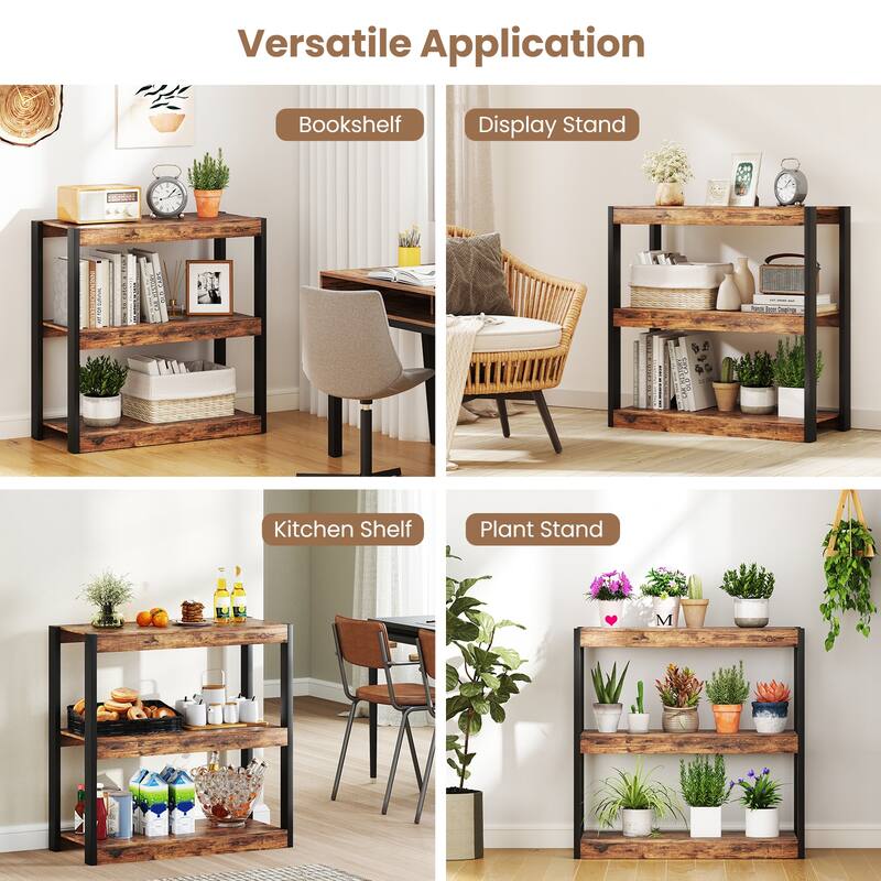 Gymax 3 Tier Bookshelf Wooden Bookcase w/ Dual Anti-Tipping Kits Open