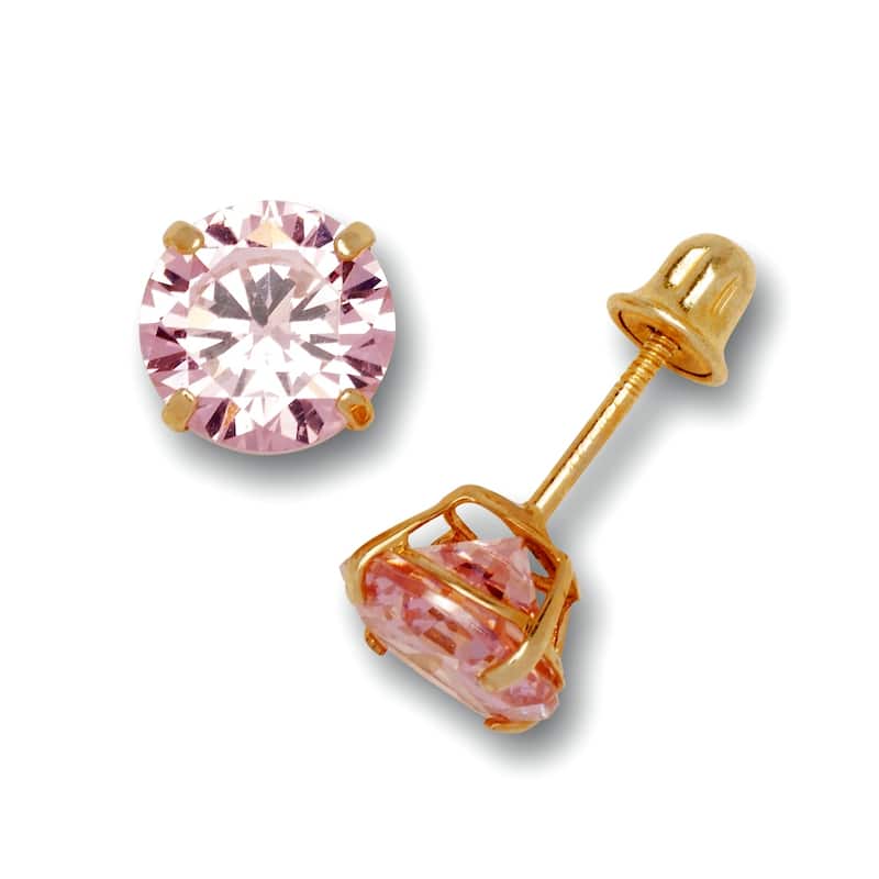 14K Yellow Gold 6mm Round Cubic Zircornia Birthstone Basket-Set Solitaire Screw-back Stud Earrings (12 colors) - Pink Quartz