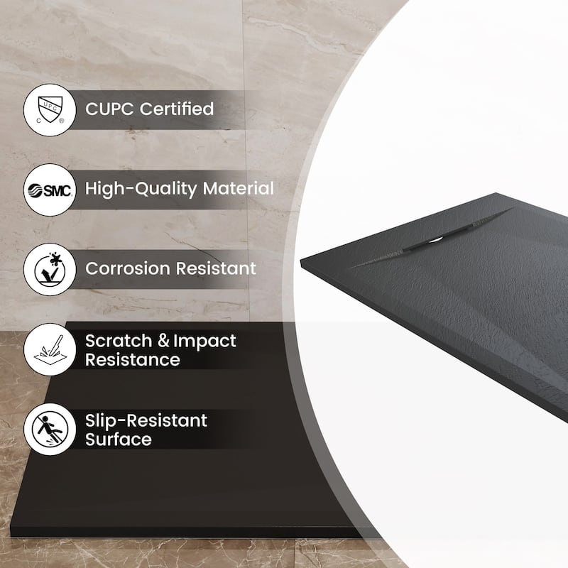 SMC Alcove Shower Pan Base with Reversible Drain, Low Profile, Wheelchair Access, Slip-Resistant, cUPC Certified