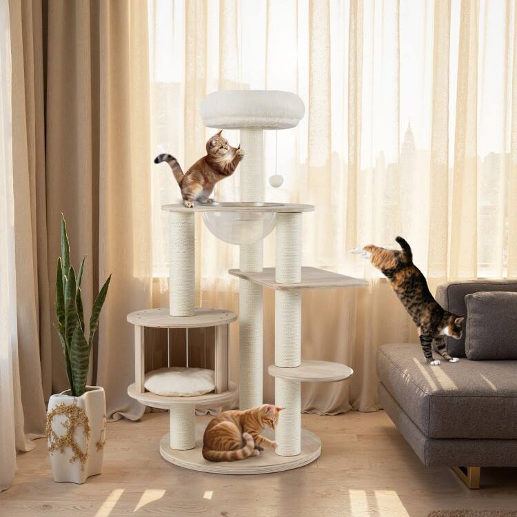 Natural Wooden Cat Tree Tower with Condo Perch Space Capsule and Scratching Posts 52 Inch