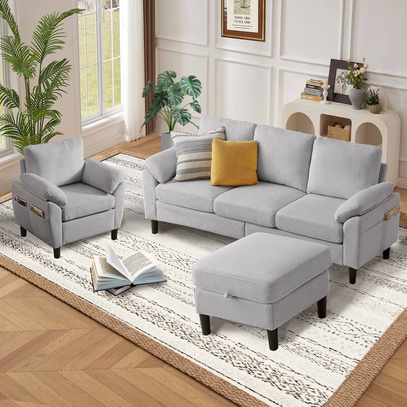79.72" Corduroy 3 Pieces Living Room Sets Including Sectional Sofa with Storage Ottoman & Side Pockets & Armchair Set