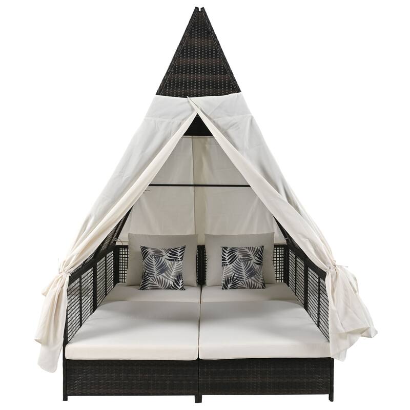 Outdoor Patio Rattan Daybed Sunbed with Triangle Tent, Adjustable Backrest, and Curtains