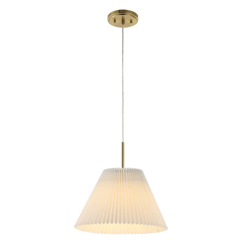 Boden 14.25" 1-Light Classic French Country Iron LED Pendant with Pleated Shade, Brass Gold/White, by JONATHAN Y - Brass Gold