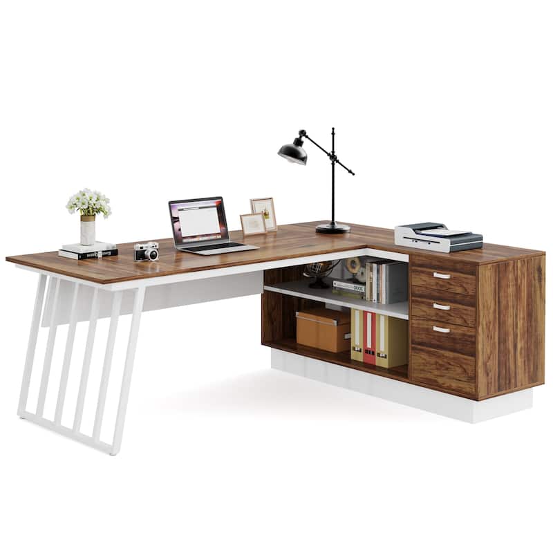 71 Inch Modern Executive Desk, L-Shaped Desk with Cabinet,Brown and White - Cream White and Walnut