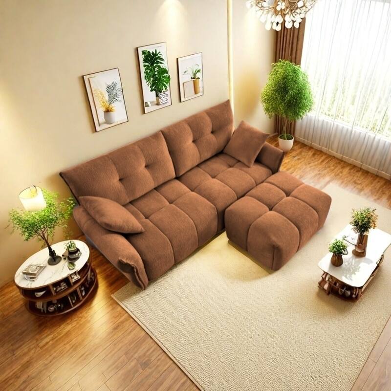 Modular 4-Seat Chenille Sofa Set with 2 Ottomans, High-Resilience Cushions and Solid Wood Frame - 2 Seater with Ottoman Burnt Orange