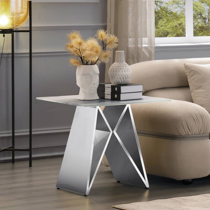 24 inch White Tempered Glass End Table with Mirrored M-Shaped Base - Silver
