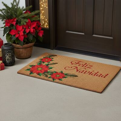HomeRoots 17" X 29" Brown Red And Green Christmas Outdoor Coir Door Mat - 17.00' X '29.00