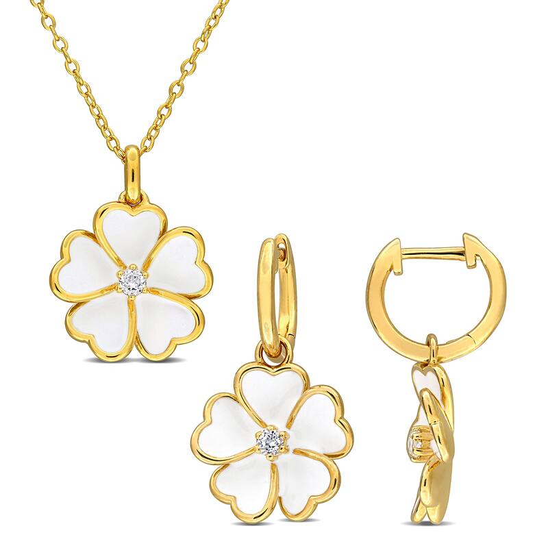 Miadora 1/4ct TGW White Topaz White Enamel Flower Necklace Earrings in Yellow Plated Sterling Silver