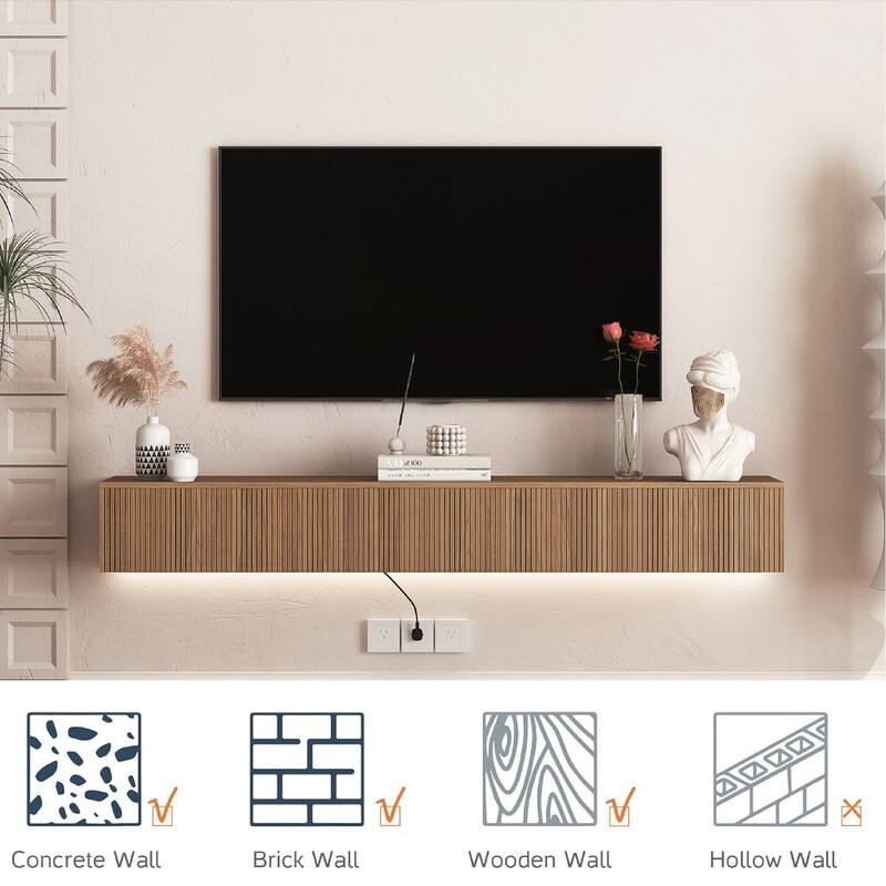 69" Wall Mounted TV for TVs up to 65'', Floating TV Stand with LED Lights & Power Outlet