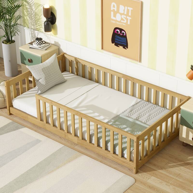 Rubber Wood Twin Size Floor Bed with Fence without Door