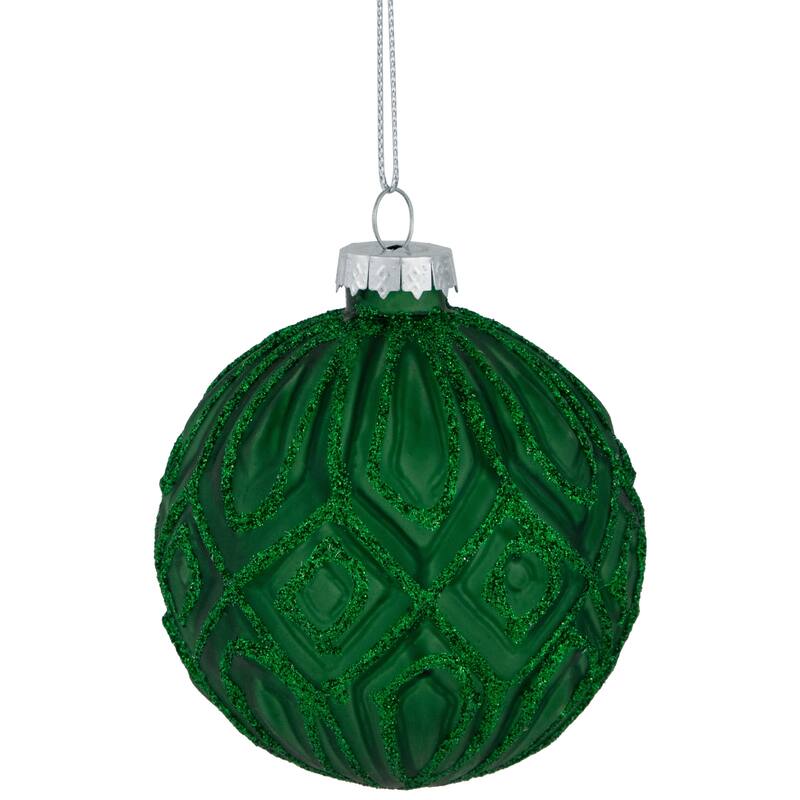 Glitter Lined Diamonds Glass Christmas Ball Ornament - 3" (80mm) - Green - 4ct