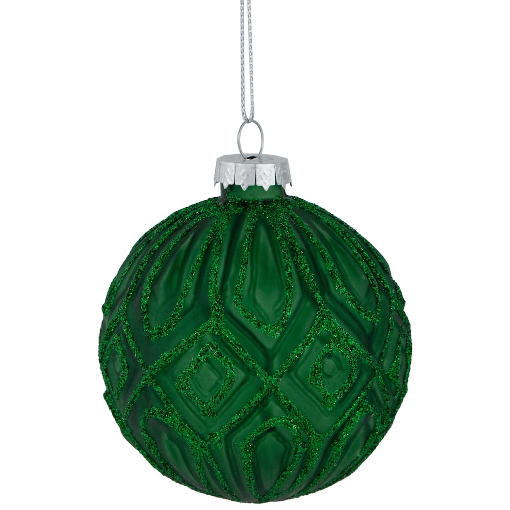 Glitter Lined Diamonds Glass Christmas Ball Ornament - 3" (80mm) - Green - 4ct