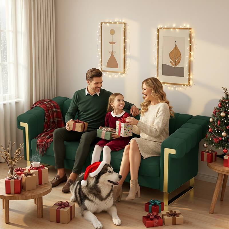 Velvet Sofa Couch for Living Room, Modern Loveseat Couch with Gold Accents, Apartment Chesterfield Sofa