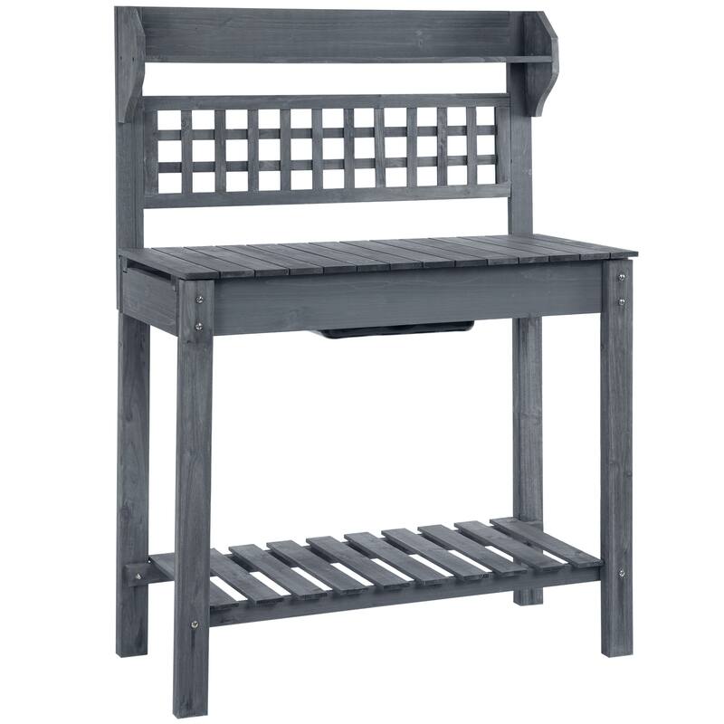 Outsunny 39'' x 18'' x 55'' Wood Garden Potting Work Table with Hidden Storage, Sink Basin, & Below Clapboard