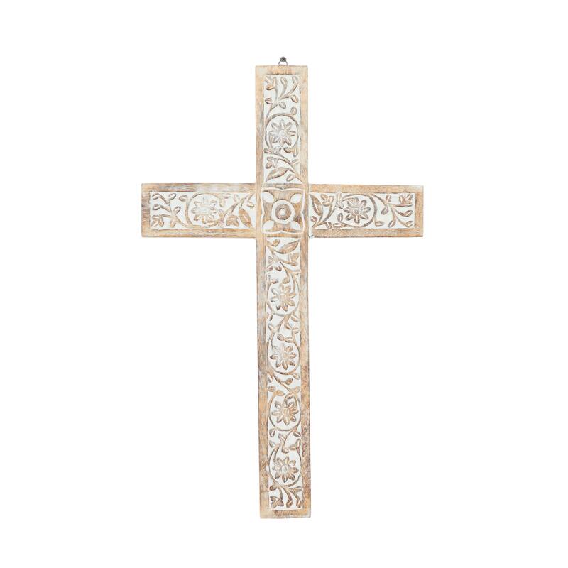 Brown Mango Wood Carved Cross Biblical Home Wall Decor - 15 x 1 x 24