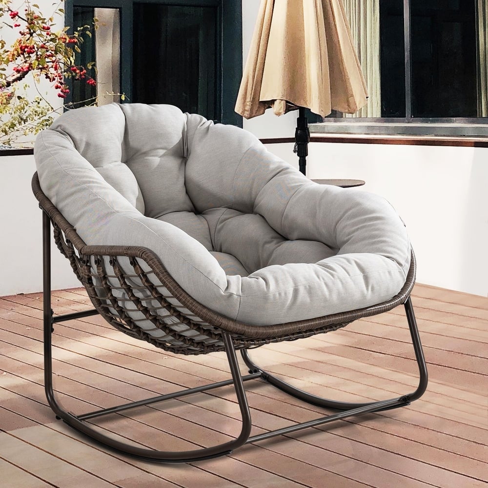 Outdoor Rattan Rocker Recliner Chair With Polyester Padded Cushion
