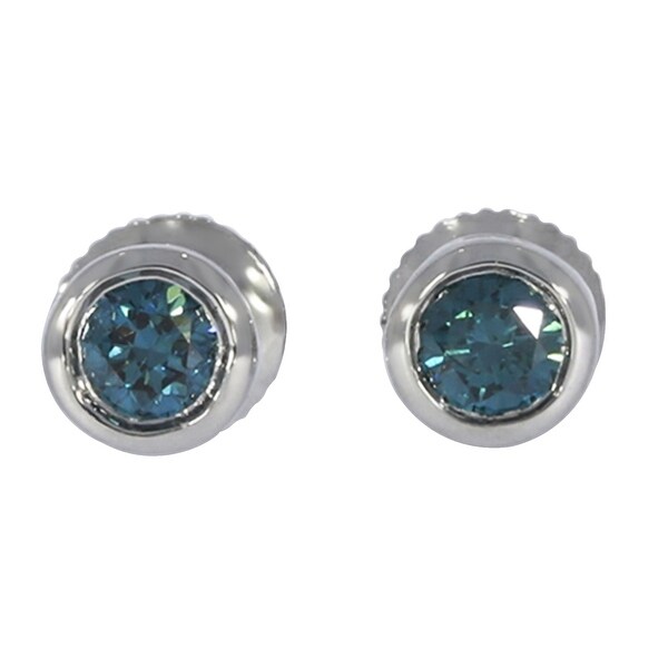 Prism Jewel Round Brilliant Cut Bezel Set Blue Diamond Screw Back Stud Earring