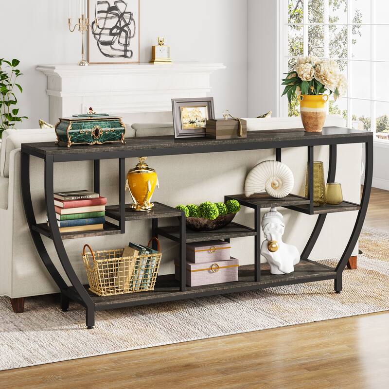 70.9 Inch Extra Long Console Table with Shelves,Sofa Console Table - Brown Black