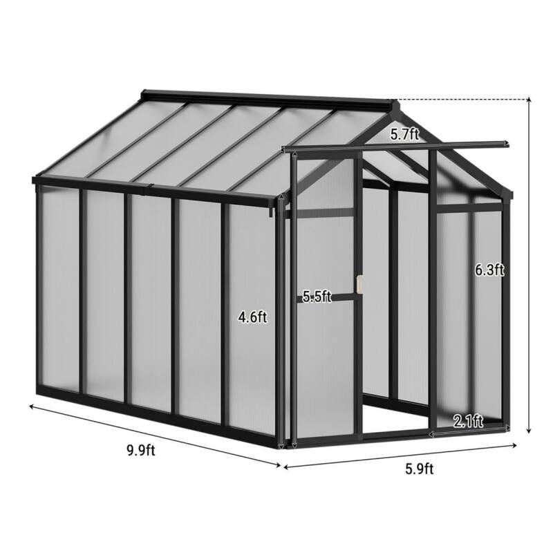 6x10 ft Walk-In Polycarbonate Greenhouse with Aluminum Frame, Black. - 6 x 10 x 6.5FT