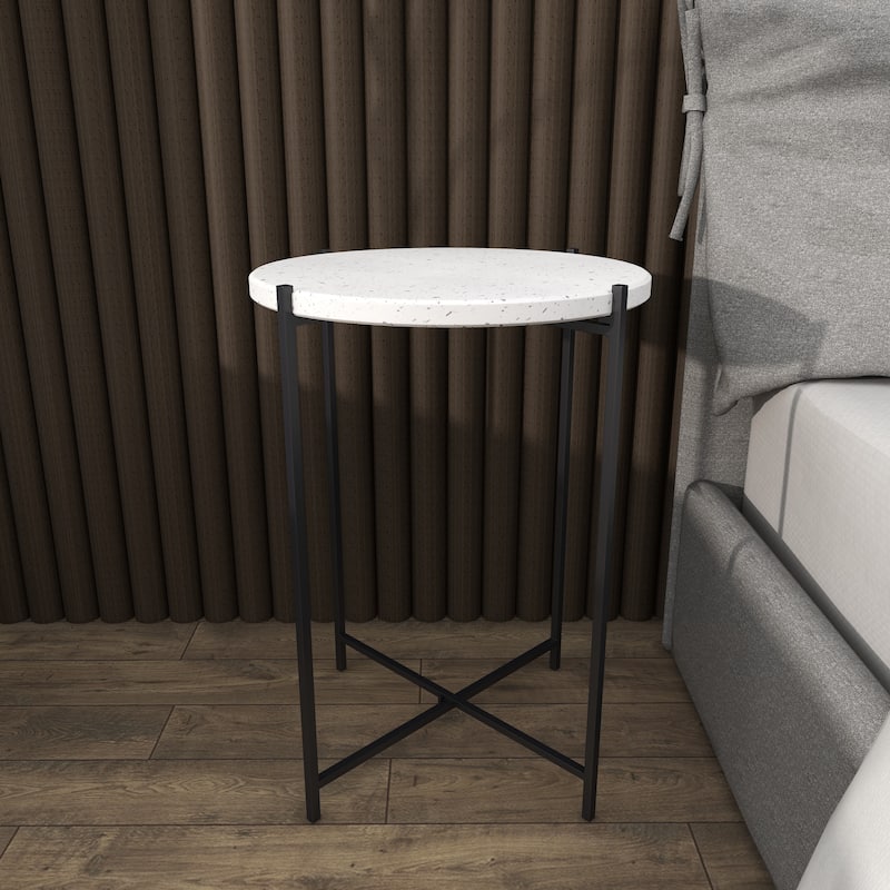 Terrazzo Stone Accent Table with Black Metal X-Stand - White - Roche River Decor