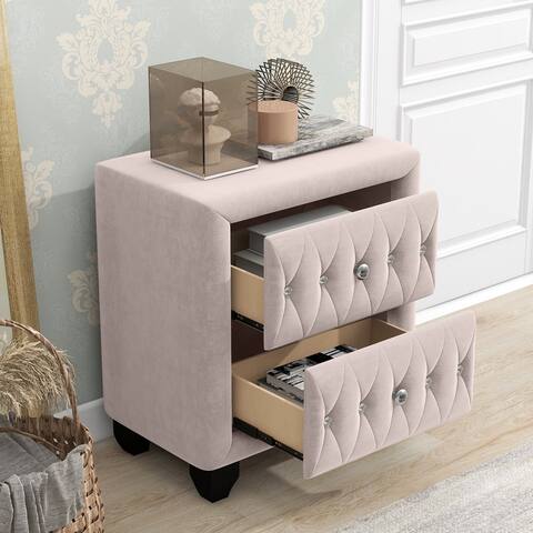 Distinguished Look Elegant Bedroom Nightstand Velvet Upholstery 2-drawer Nightstand with Tufted Drawer & Tapered Wood Legs