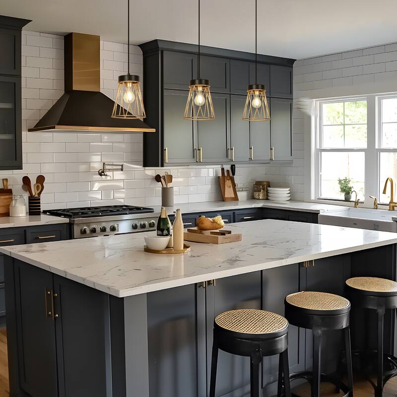 Modern Industrial 1-light Black Gold Pendant Light Cage Bent Linear Design Kitchen Island Light for Dining Room - 7.1" W × 9.1"H