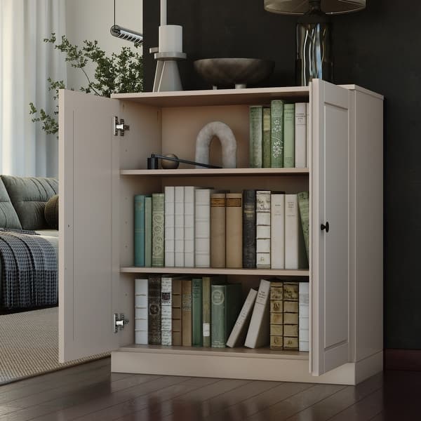 slide 2 of 6, Palace Imports 100% Solid Wood 3-Shelf Bookcase, Adjustable Shelves, 32" Wide, 35.75" Tall Solid Doors - Beige